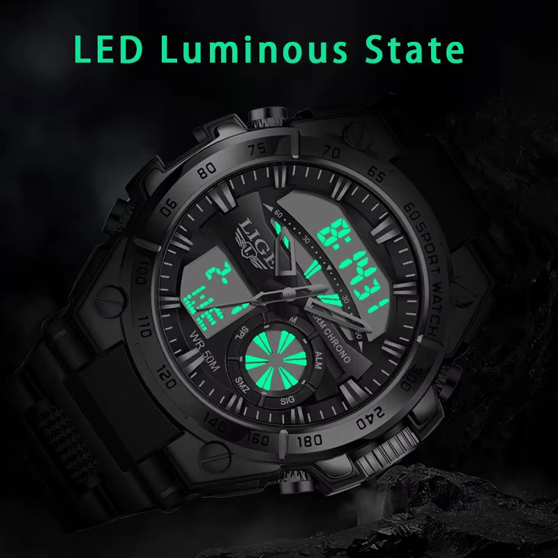 Men's Military Digital Dual Display Watch - 50M Waterproof Sport Wristwatch with LED Luminous Quartz for Active Lifestyle