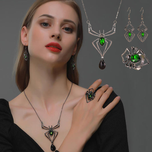 3PCS Halloween Spider Jewelry Set Drop Pendant Necklace Earrings Ring Vintage