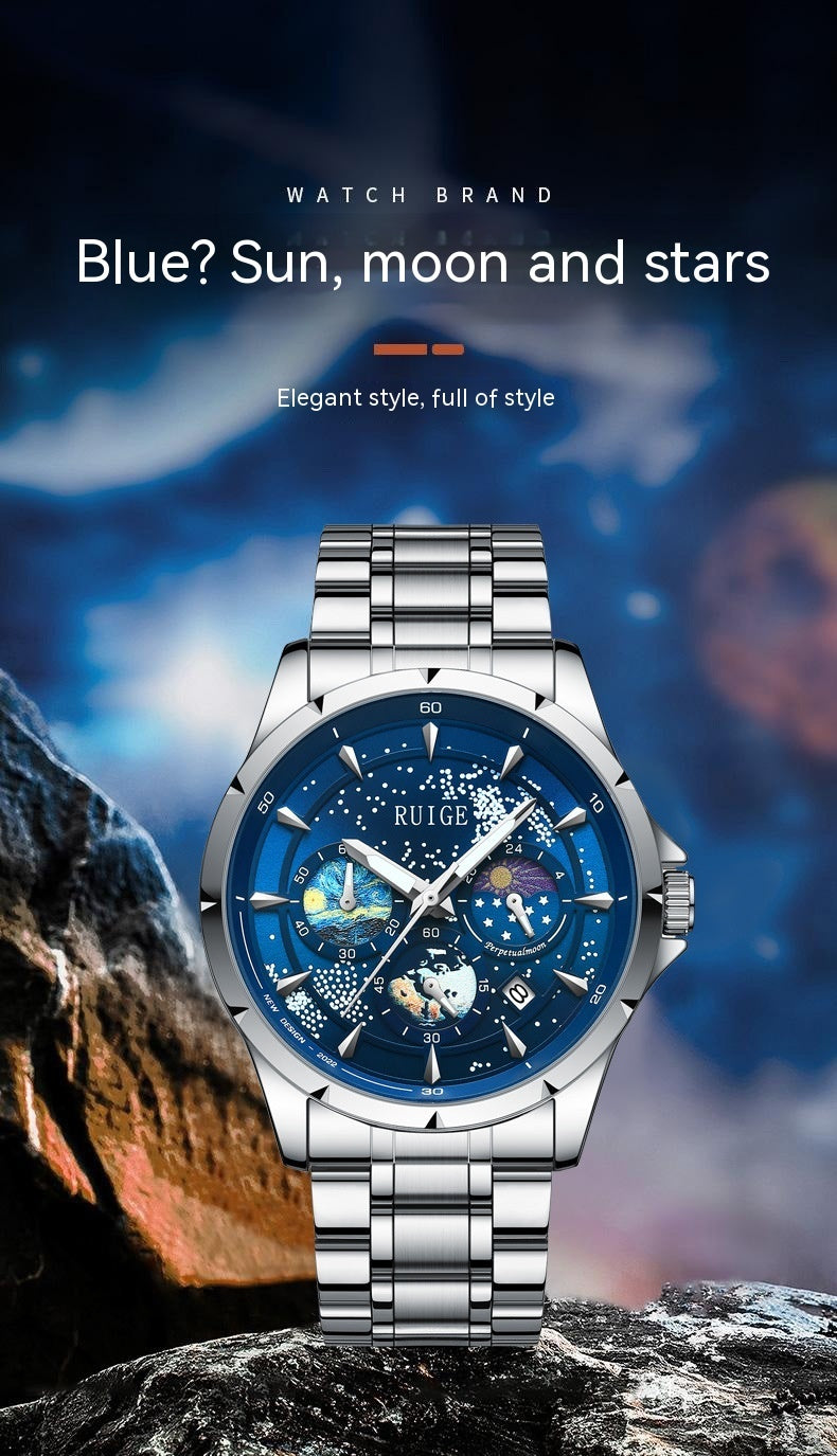 Men’s Waterproof Luminous Quartz Watch Stainless Steel Blue Dial “Star Sea”