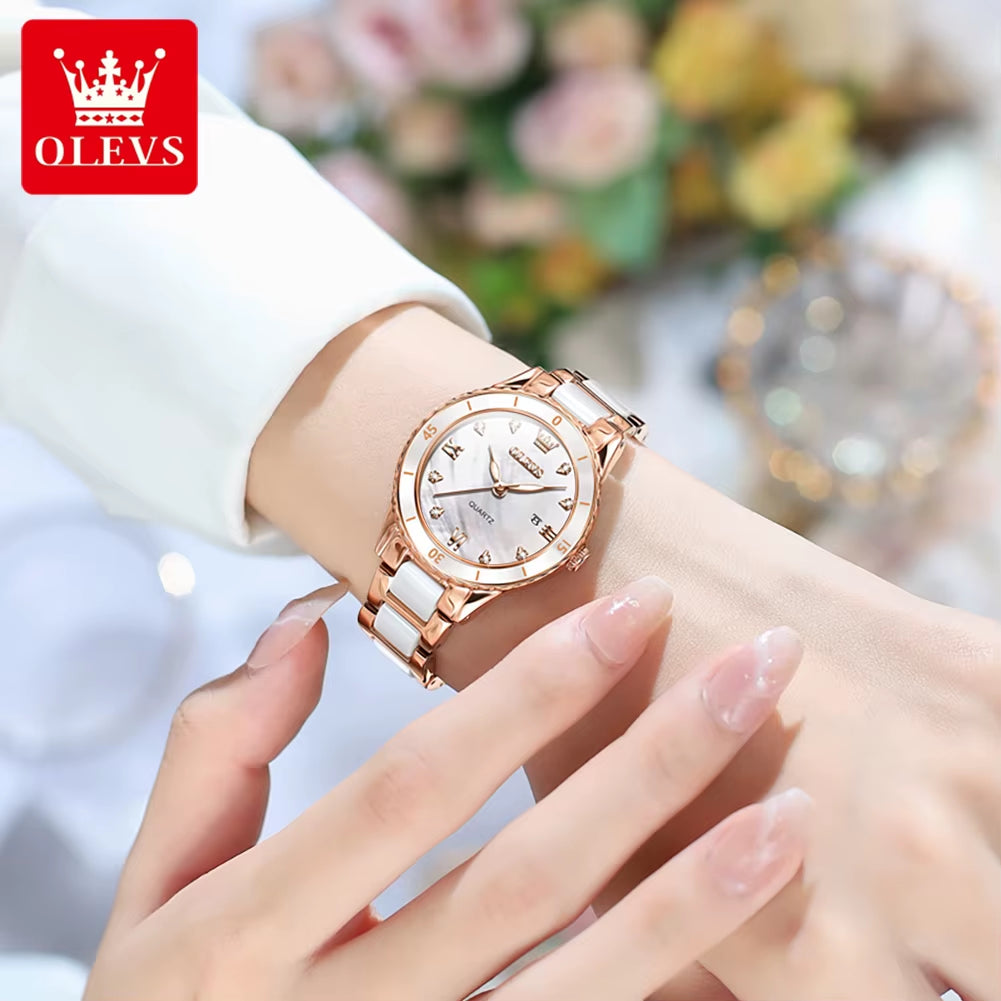 Women’s Elegant Quartz Watch with Roman Numerals, Waterproof Design, Calendar Function, Ceramic Strap, Luxury Original Timepiece