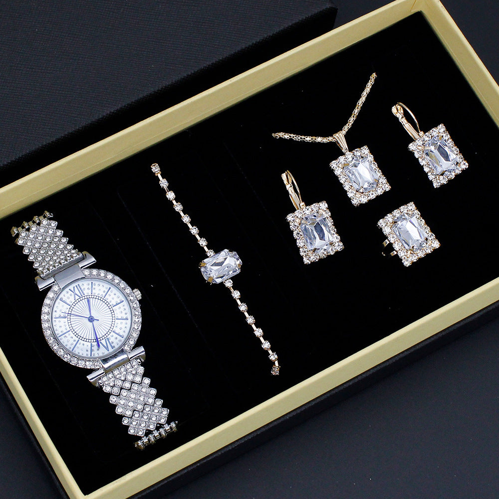 Diamond Embedded Roman Numerals Women’s Jewelry Watch Set – Elegant Gift Piece