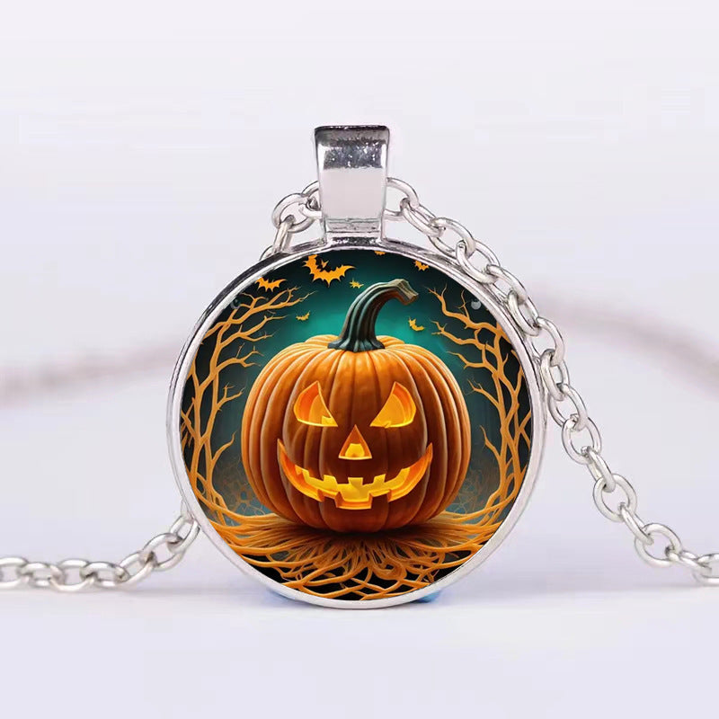 Halloween Pumpkin Ghost Bat Necklace Round Pendant Clavicle Jewelry for Men Women