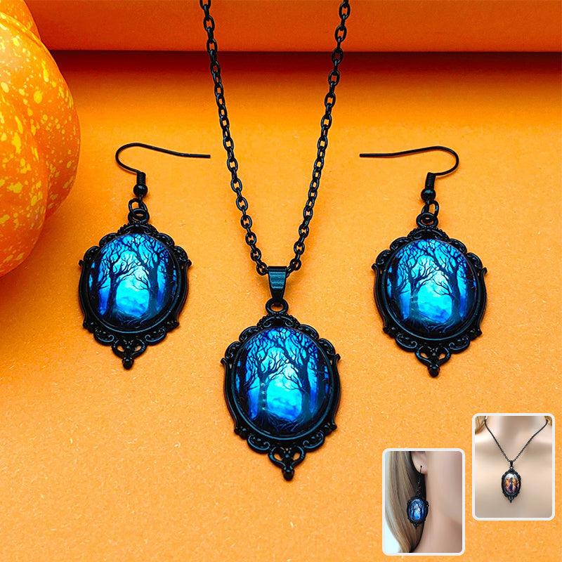 3PCS Vintage Halloween Necklace Set Tree of Life Witch Pendant with Earrings Jewelry