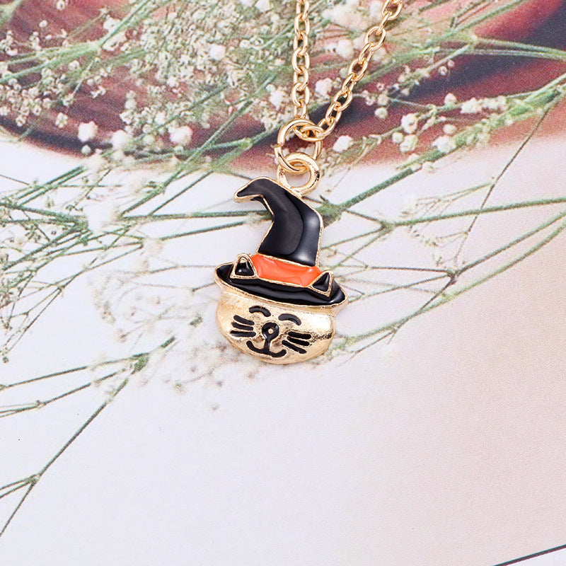 Halloween Pumpkin Cat Necklace Oil Drop Pendant Creative Clavicle Chain Jewelry
