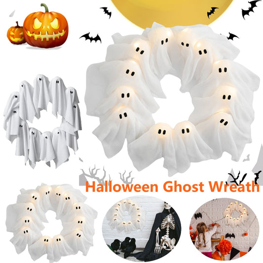 Halloween Ghost Wreath Decoration with 12 LED Lights Spooky Party Door Decor