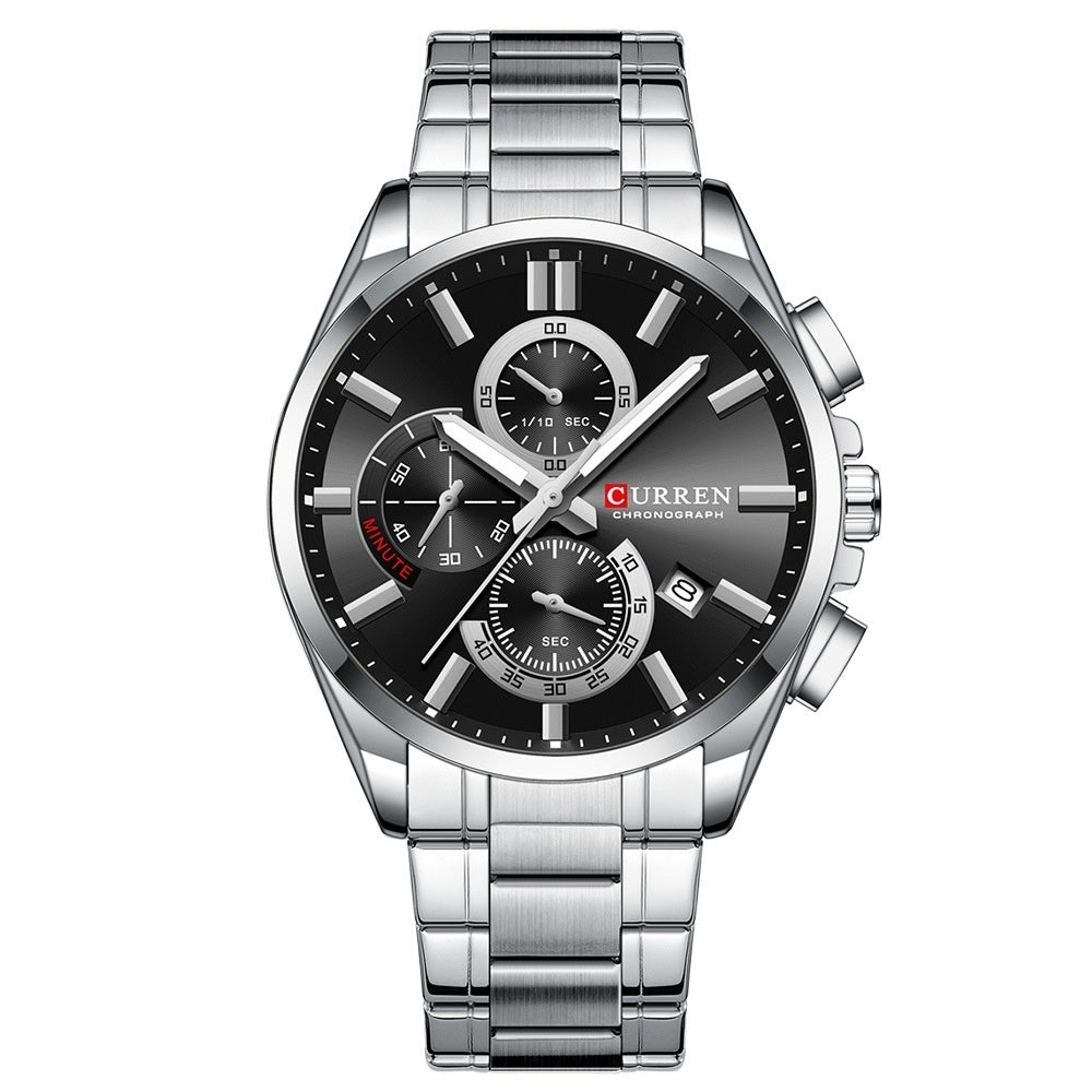 Men’s Chronograph Quartz Watch Stainless Steel Waterproof Date Display 44mm