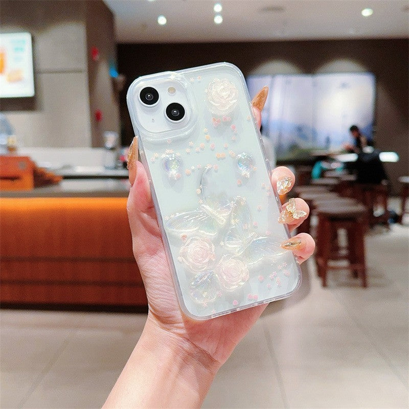 iPhone 11–16 Pro Max Phone Case Japanese Korean Love Rose Pattern Protective