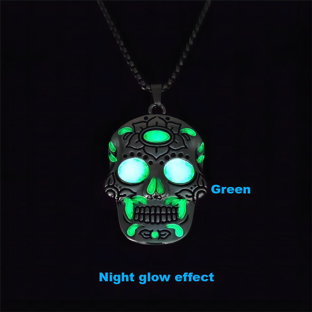 Halloween Luminous Skull Necklace Day of Dead Lotus Pattern Clavicle Pendant Jewelry