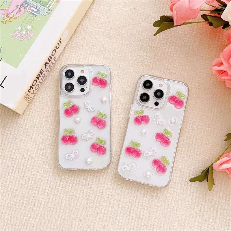 3D Cherry Bow Epoxy Phone Case Cute Protective Back Cover for iPhone 11–16