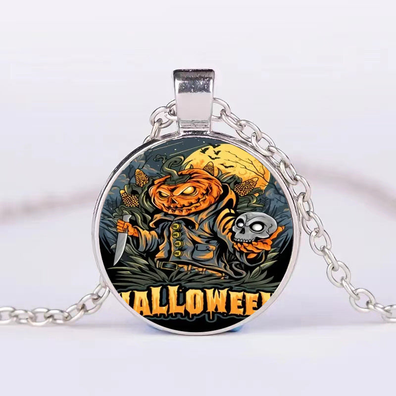 Halloween Pumpkin Ghost Bat Necklace Round Pendant Clavicle Jewelry for Men Women