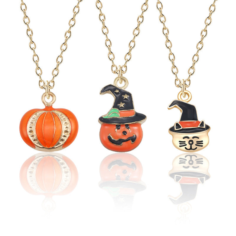 Halloween Pumpkin Cat Necklace Oil Drop Pendant Creative Clavicle Chain Jewelry