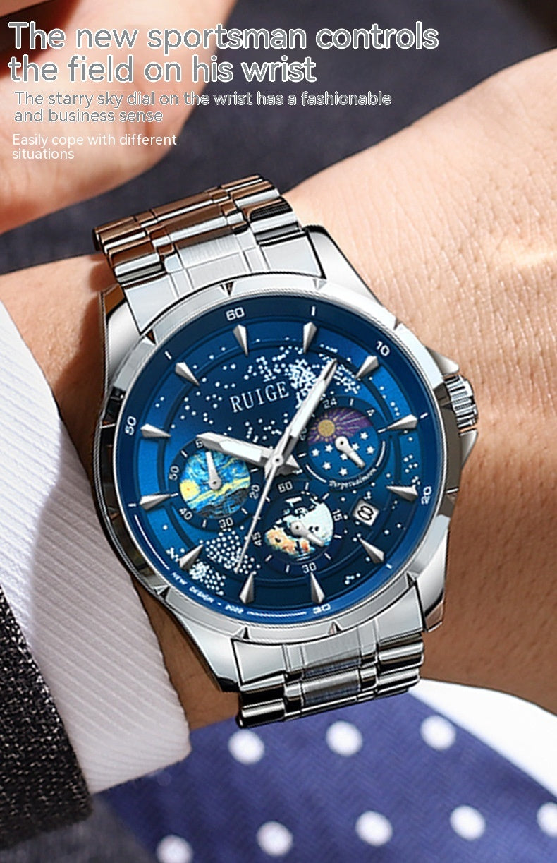 Men’s Waterproof Luminous Quartz Watch Stainless Steel Blue Dial “Star Sea”