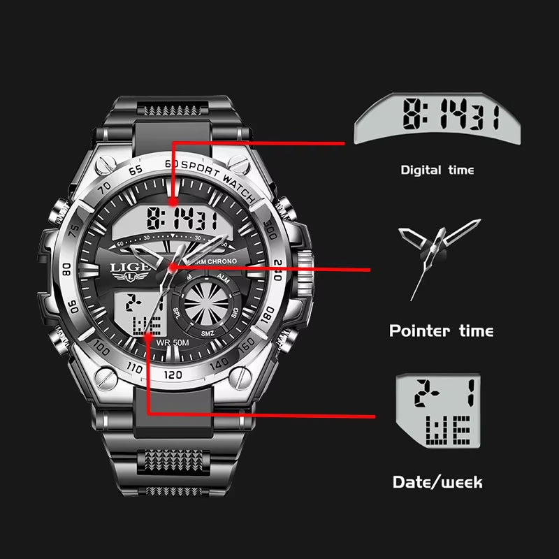 Men's Military Digital Dual Display Watch - 50M Waterproof Sport Wristwatch with LED Luminous Quartz for Active Lifestyle