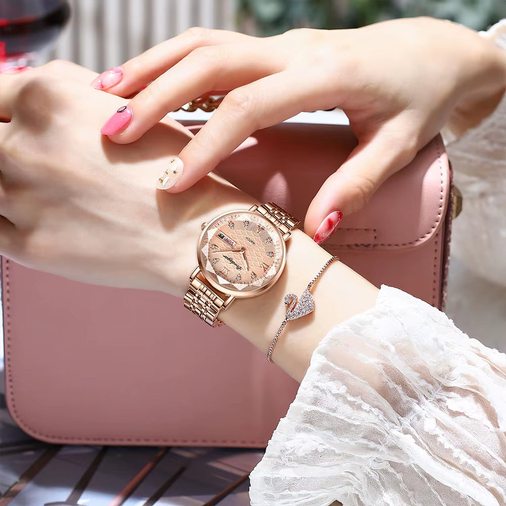 Watch Women New Fashion Luxury Stainless Steel Wristwatch Bracelet Simple Rose Gold Waterproof Luminous Ladies Watches