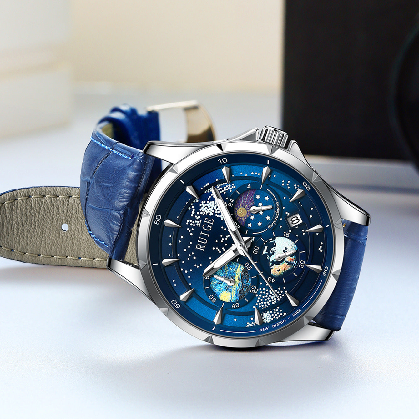 Men’s Waterproof Luminous Quartz Watch Stainless Steel Blue Dial “Star Sea”