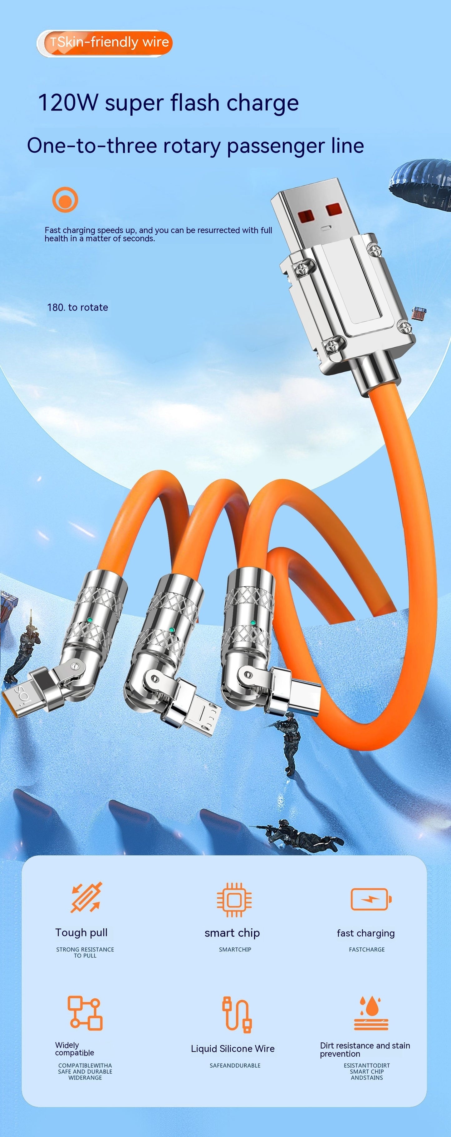 120W One To Three Elbow Fast Charge Cable Zinc Alloy