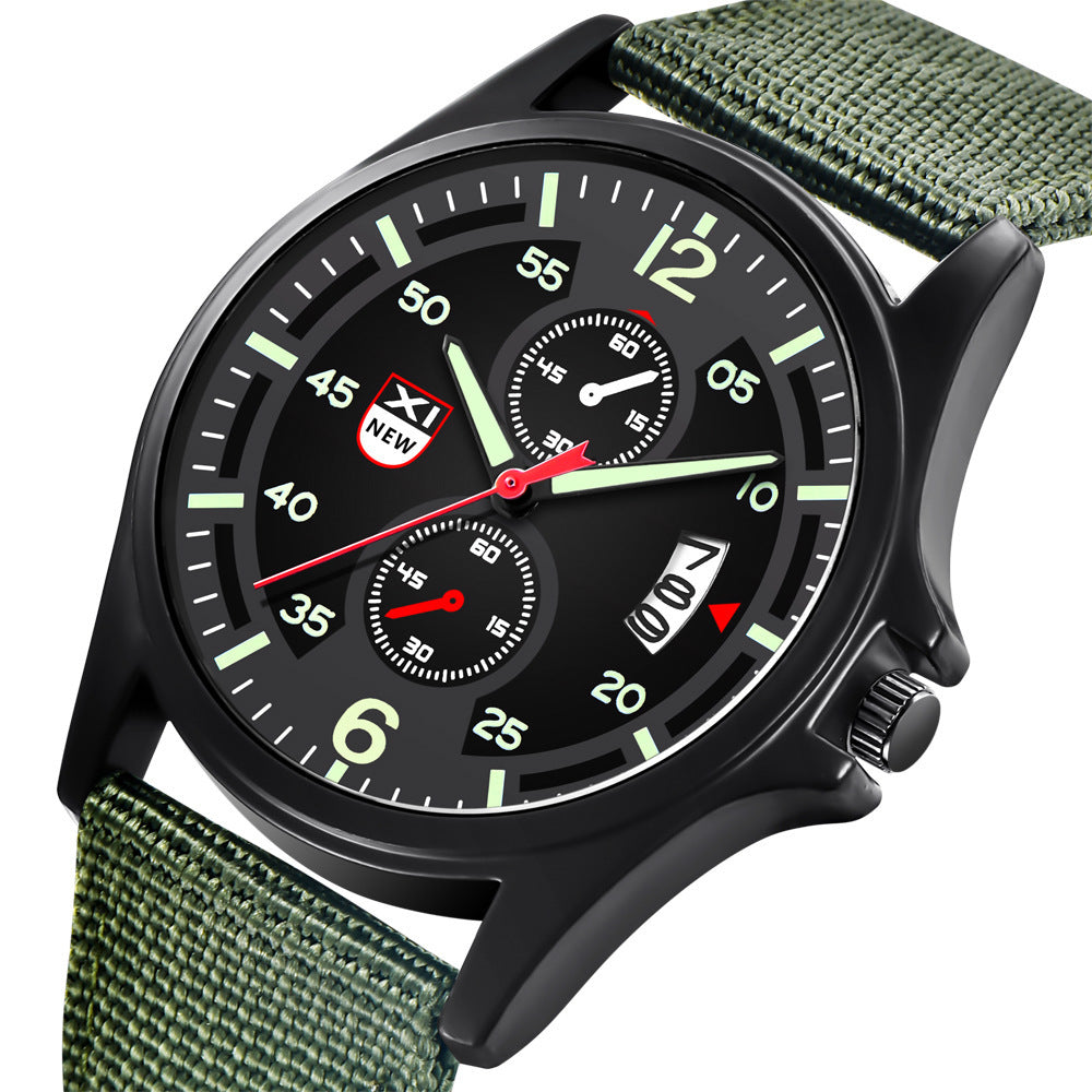 Men’s Army Style Sports Quartz Watch – Nylon Strap Calendar Display Multi-Colors