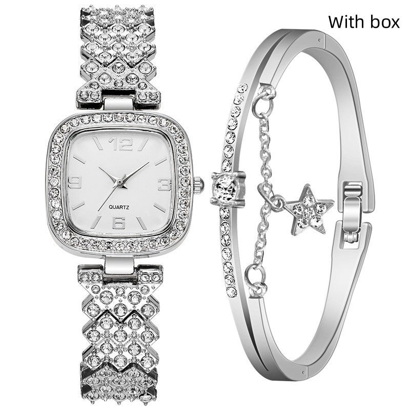 Women's Diamond Watch And Bracelet Two Piece Set Casual