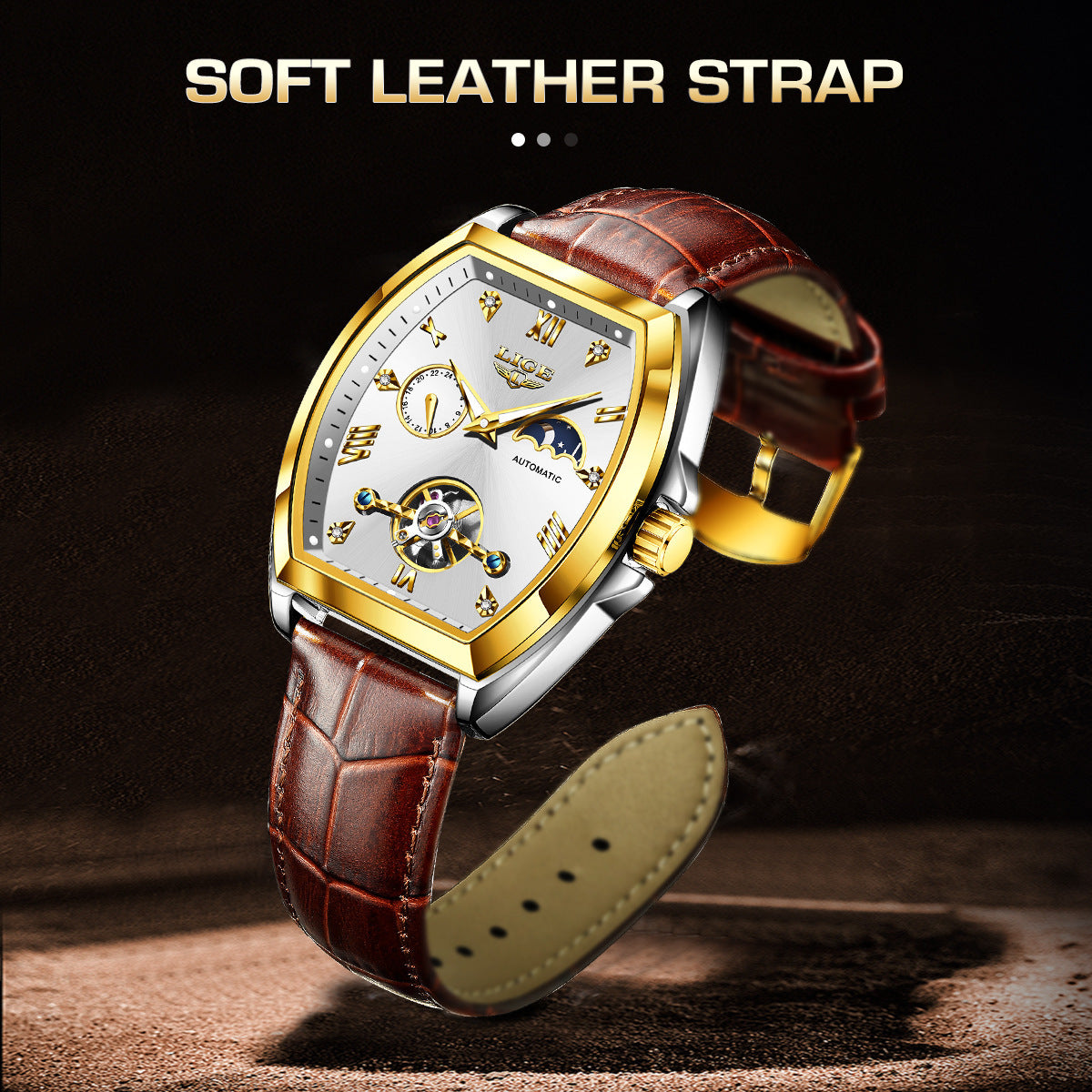 Men’s Luxury LIGE Tourbillon Mechanical Watch Waterproof Luminous Business Gold