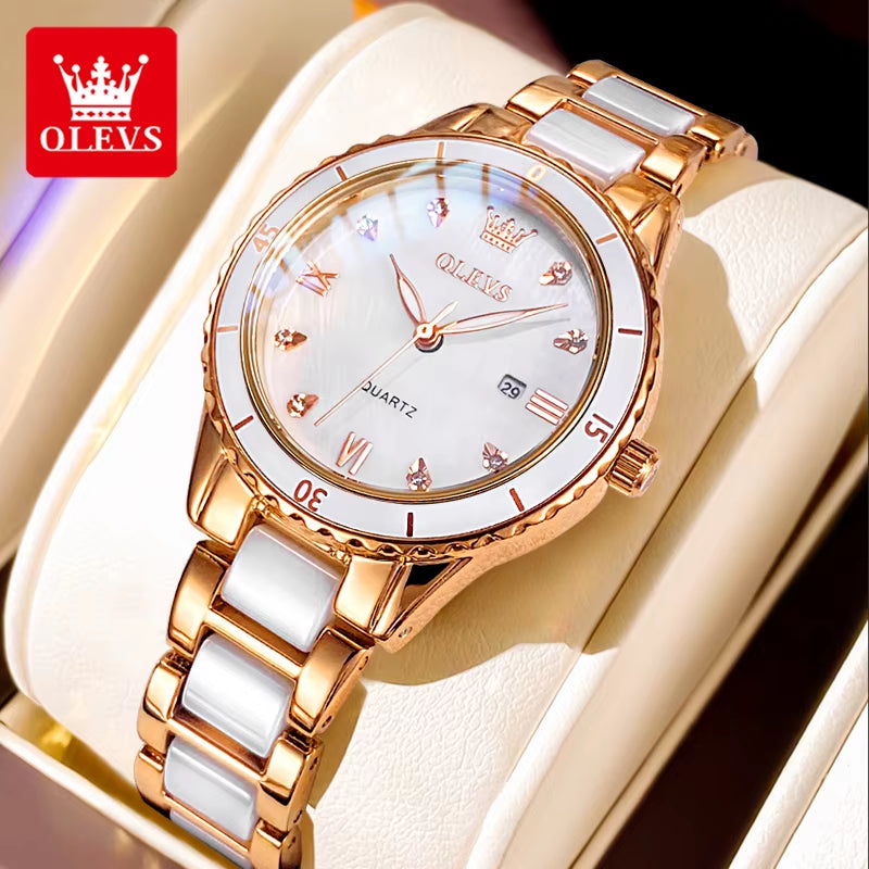 Women’s Elegant Quartz Watch with Roman Numerals, Waterproof Design, Calendar Function, Ceramic Strap, Luxury Original Timepiece