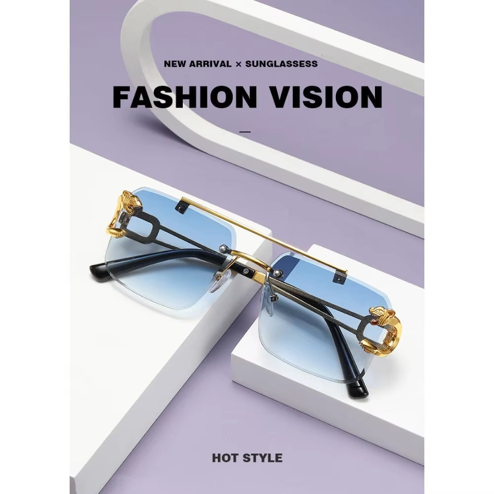 Fashion Rimless Square Double Bridge Sun Glasses Vintage Women Men Sunglasses UV400