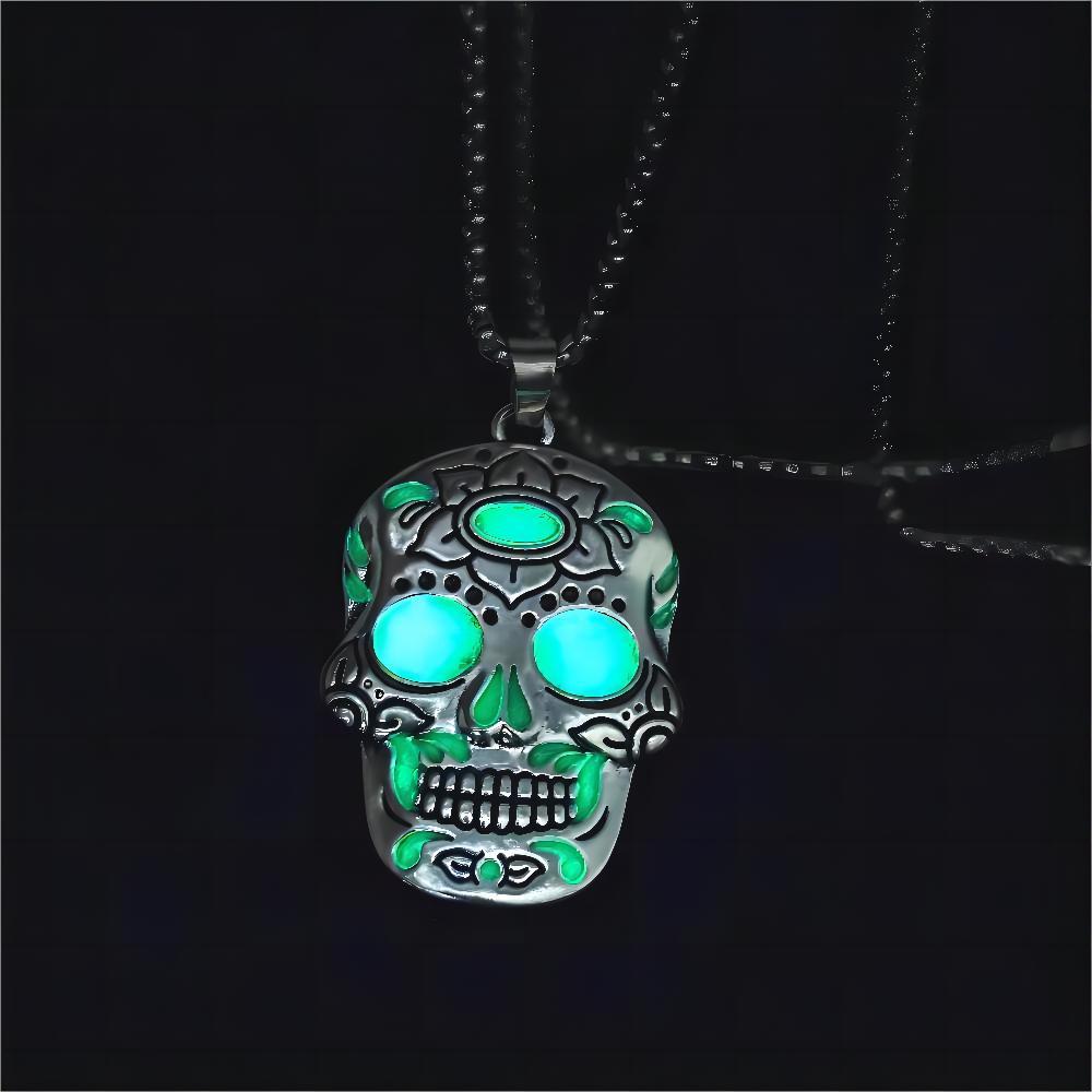 Halloween Luminous Skull Necklace Day of Dead Lotus Pattern Clavicle Pendant Jewelry