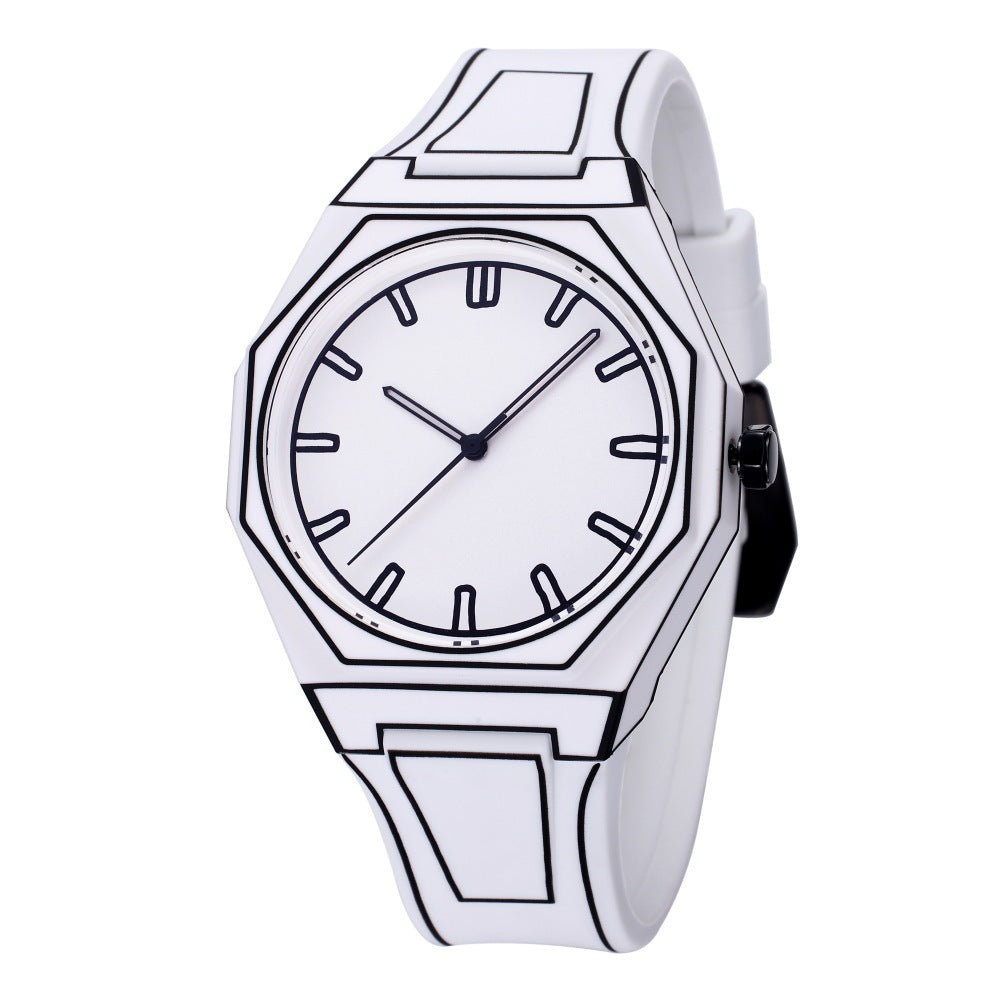 Deep Waterproof Comic Style Watch Black White Silicone Strap