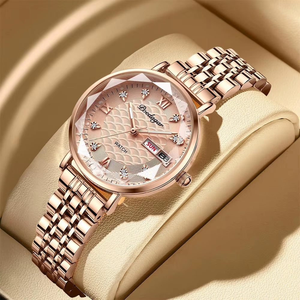 Watch Women New Fashion Luxury Stainless Steel Wristwatch Bracelet Simple Rose Gold Waterproof Luminous Ladies Watches