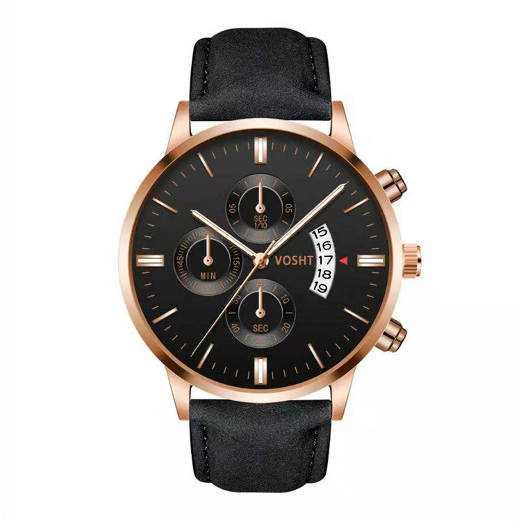 Men’s Business Quartz Watch Three-Eye Calendar Round Dial Leather Strap 41.5mm