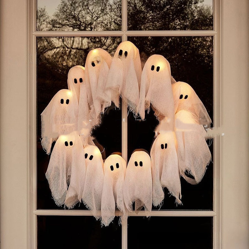 Halloween Ghost Wreath Decoration with 12 LED Lights Spooky Party Door Decor