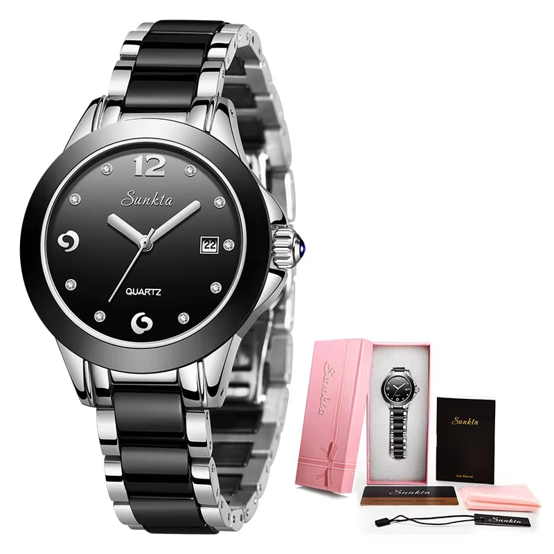 Women's Fashion Ceramic Bracelet Watch - Waterproof Dress Timepiece with Date Display - Elegant Gift for Her
