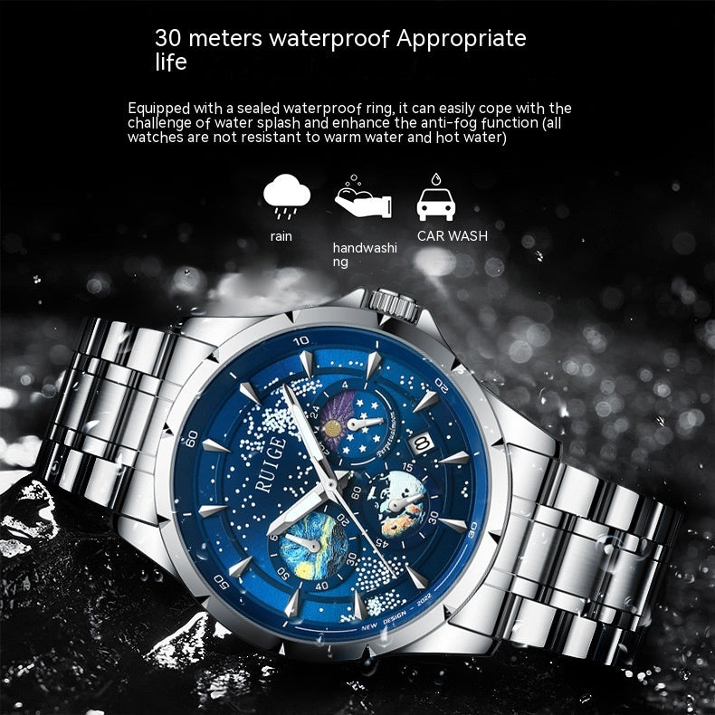 Men’s Waterproof Luminous Quartz Watch Stainless Steel Blue Dial “Star Sea”