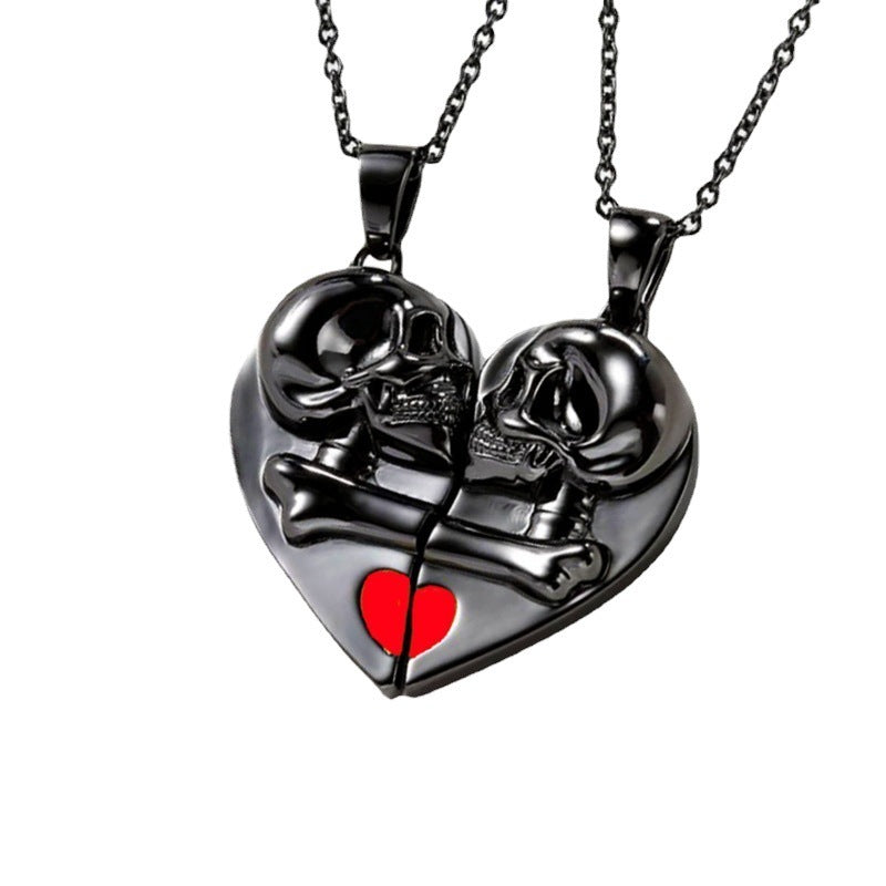 Punk Retro Skull Pendant Necklace Halloween Heart Magnetic Love Couple Jewelry