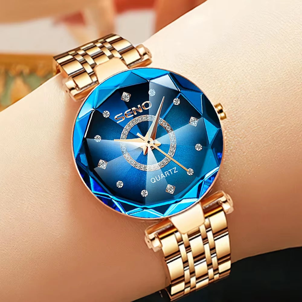 Women’s Quartz Crystal Watch red Leather Blue Dial Free Shipping Includes Case