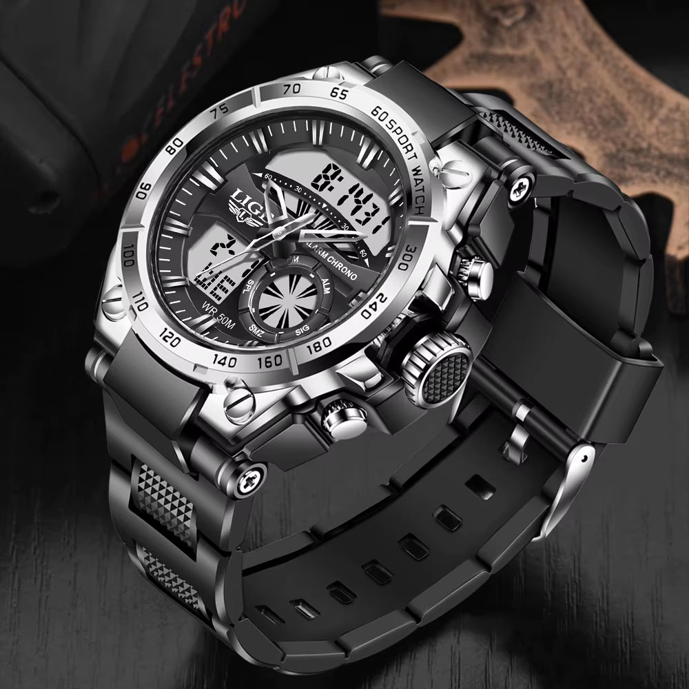 Men's Military Digital Dual Display Watch - 50M Waterproof Sport Wristwatch with LED Luminous Quartz Features