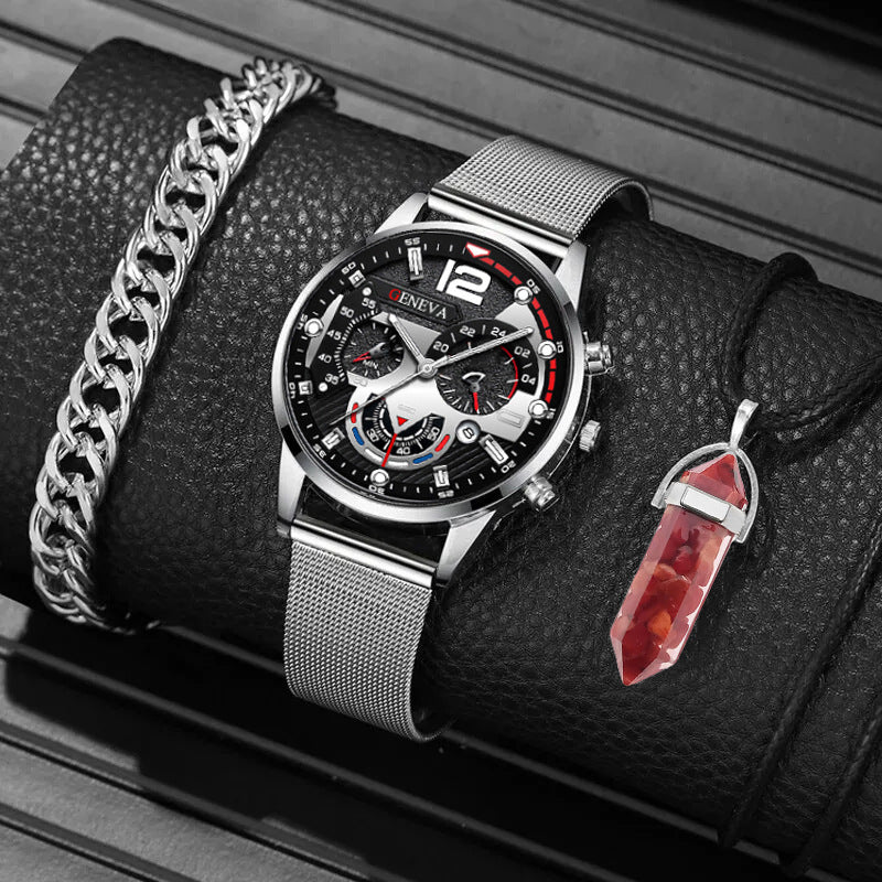 Creative Large Dial Three Eye Steel Belt Quartz Watch