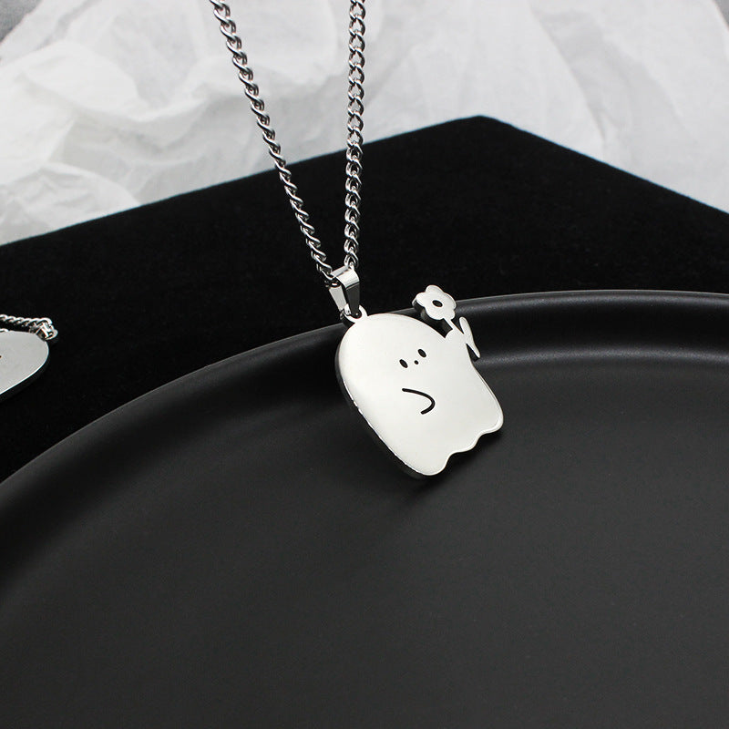 Stainless Steel Ghost Couple Necklace Cat Pendant Kawaii Lovers Friendship Jewelry