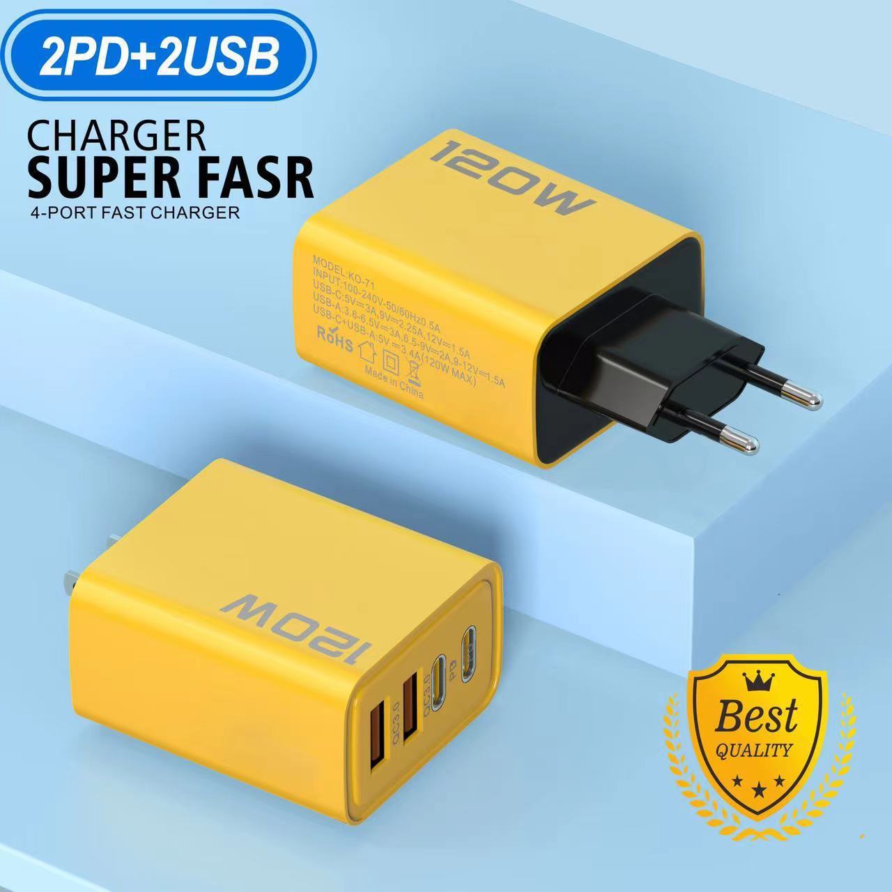 Yellow Double PD USB Charger With Dual USB Ports 12W Output