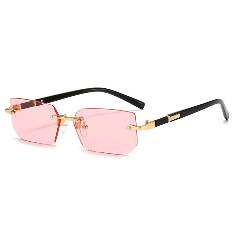 Men Women Rimless Rectangle Sunglasses - Pink Lens Cut Edge - Free Shipping