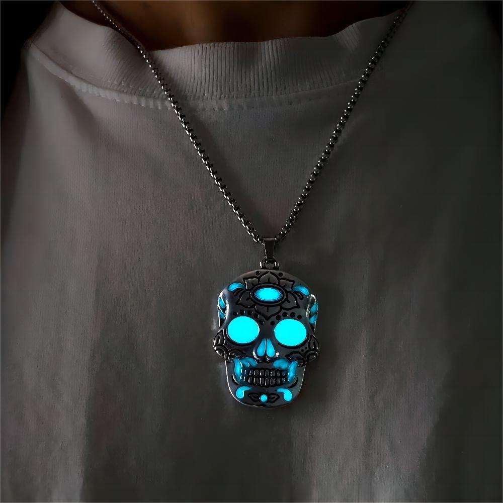 Halloween Luminous Skull Necklace Day of Dead Lotus Pattern Clavicle Pendant Jewelry