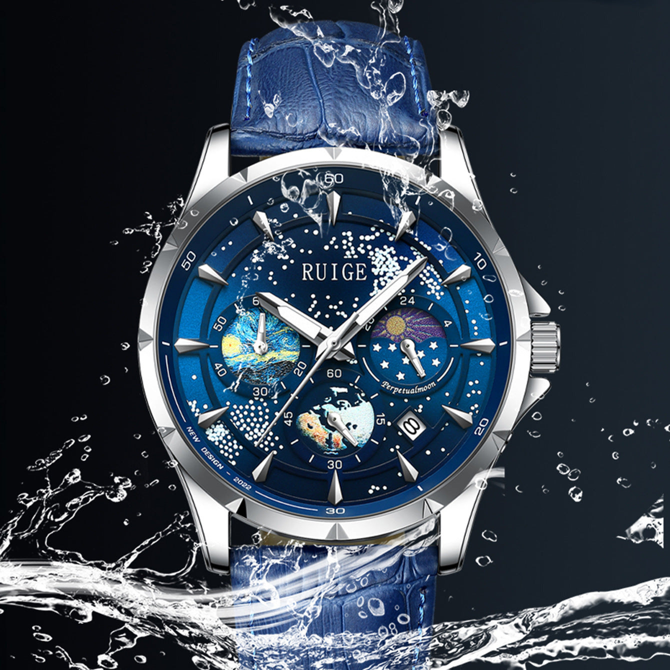 Men’s Waterproof Luminous Quartz Watch Stainless Steel Blue Dial “Star Sea”