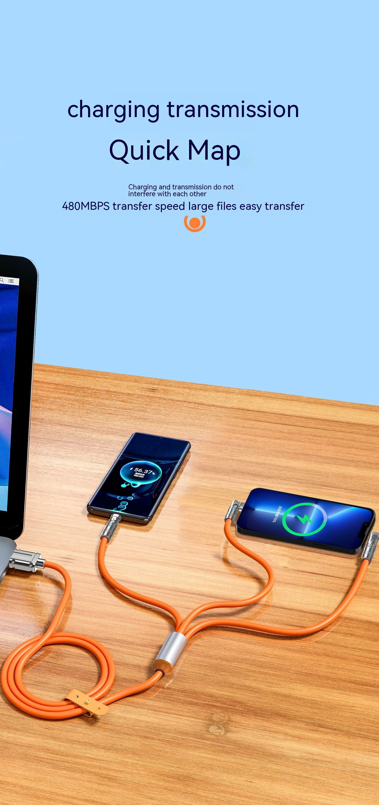 120W One To Three Elbow Fast Charge Cable Zinc Alloy