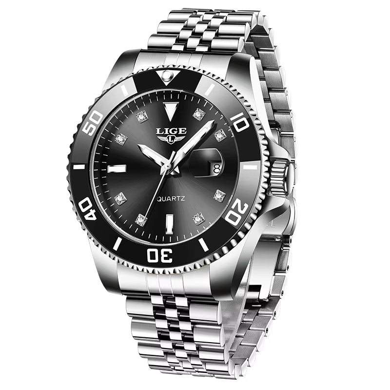 Luxury Men's Quartz Watch with Calendar, Diamond Accents, Luminous Features, and Waterproof Stainless Steel Design