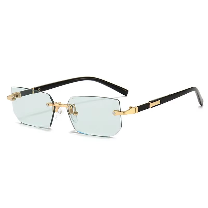 Men Women Rimless Rectangle Sunglasses - Green Lens Cut Edge - Free Shipping