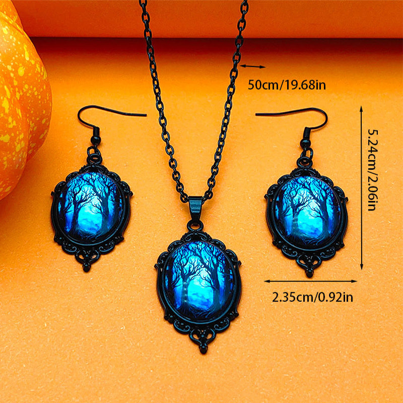 3PCS Vintage Halloween Necklace Set Tree of Life Witch Pendant with Earrings Jewelry