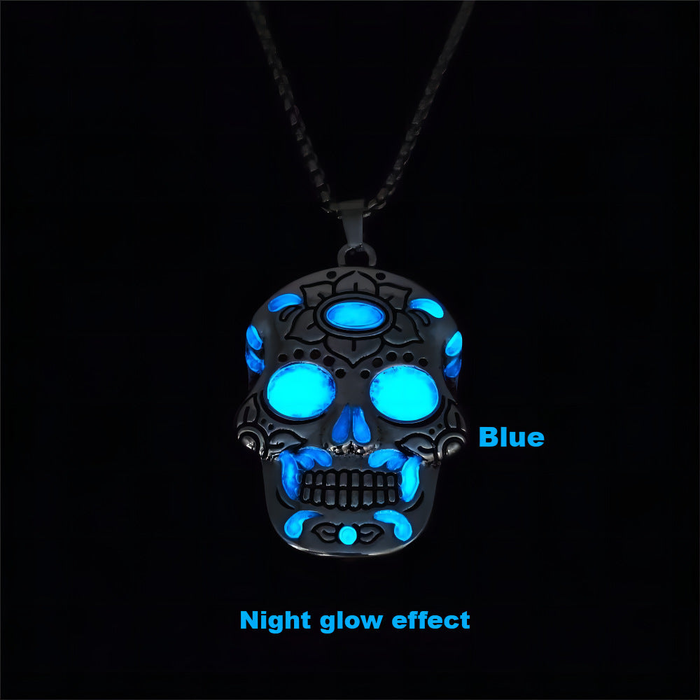 Halloween Luminous Skull Necklace Day of Dead Lotus Pattern Clavicle Pendant Jewelry
