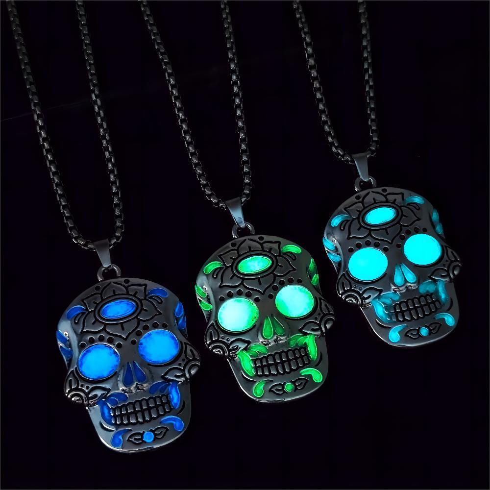 Halloween Luminous Skull Necklace Day of Dead Lotus Pattern Clavicle Pendant Jewelry