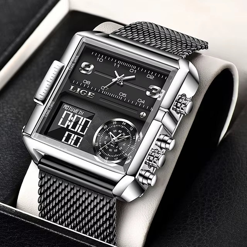 Luxury Men's Quartz Analog-Digital Sport Watch with LED Display, Waterproof Square Dial, and Leather Strap